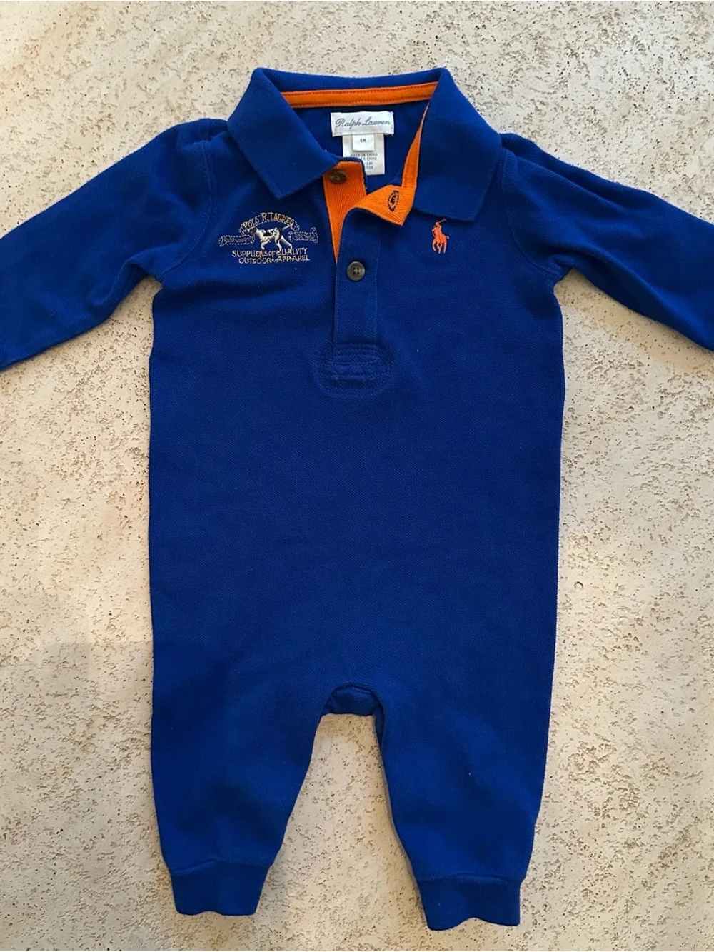 Ralph Lauren Blue Polo-Style Baby One-Piece with Orange Accents